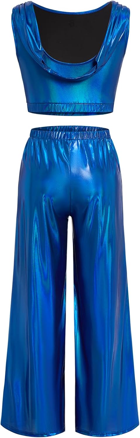 Lyrical Dance Costume for Women Shiny Metallic Tank Crop Top Wide Leg Pant Adult Open Back Contemporary Dance Outfits