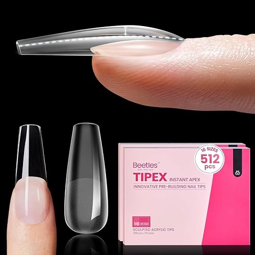 Beetles Tipex Instant Apex Long Coffin Acrylic Tips, 16 Sizes, 512 Pcs, Pre-Etch