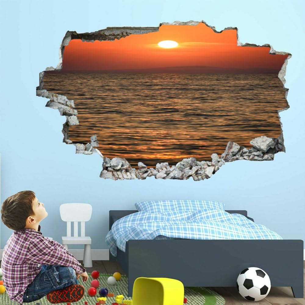 Wandbilder Wandtattoo 3D Sonnenuntergang Am Meer Wanddurchbruch Wandaufkleber Landschaft Fensterdeko Bilder Wanddeko Mädchen Aufkleber Fenstersticker Wandsticker Kinderzimmer Deko 120x80cm