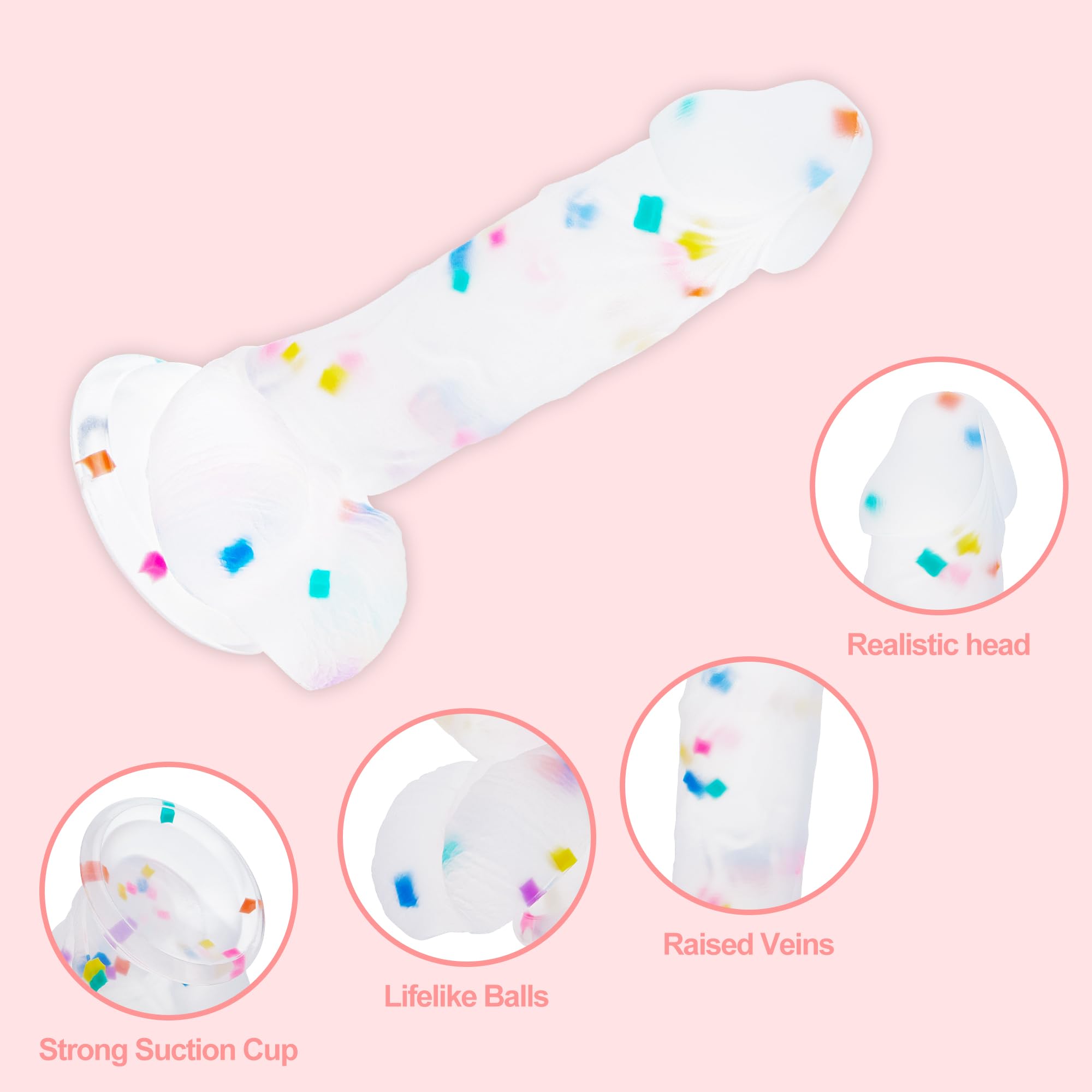 5.9 Inch Small Confetti Clear Silicone Dildo with Flared Suction Cup Base for Hands-Free Play, Flexible Beginner Dildo with Curved Shaft and Balls for Vaginal G-Spot and Anal Prostate: 5.9 Inch Confetti