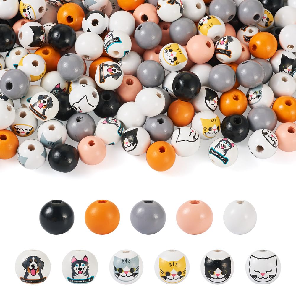 Cheriswelry 160Pcs Cat Dog Printed Wood Beads 16mm Cute Animals Wooden Beads Colorful Natural Round Loose Spacer Beads for Jewelry Making Home Decor