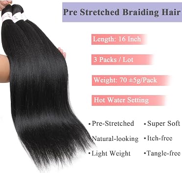 Leeven 16 Inch Pre Stretched Braiding Hair Black Kanekalon 3 Packs EZ Braiding Hair Crochet Braiding Hair Extensions /1B