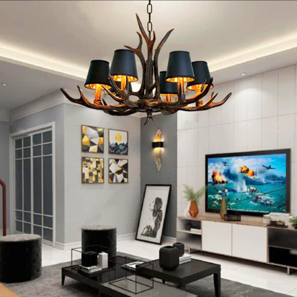Geweih Kronleuchter Vintage Style Harz Hängeleuchte Kerze Pendellampe Esszimmer Lampe Antiken E14 Hängelampe Wohnzimmer Pendelleuchte Schlafzimmer Deckenlampe Bar Cafe Dekorative Beleuchtung, 6 Licht