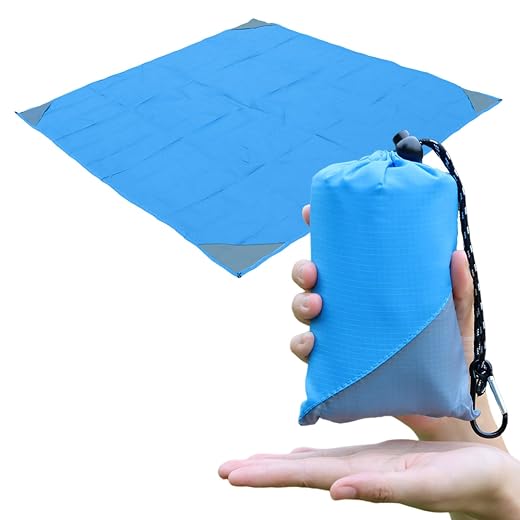 Orga'Neat Pocket Picnic Blanket, Beach Mat Waterproof Sandproof, Compact Lightweight Small Tarp for Camping, Hiking, Backpacking, Festival, Travel, Foldable in Bags (Blue/Grey, 55"x60")
