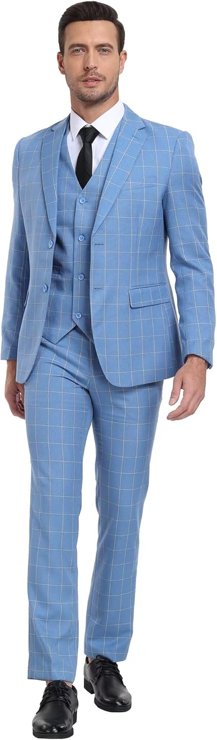 Men's Suit Set,3 Pieces Plaid Suit for Men Slim Fit Formal Bussiness Wedding Suit Prom Tuxedos Suit Blazer Vest Pant