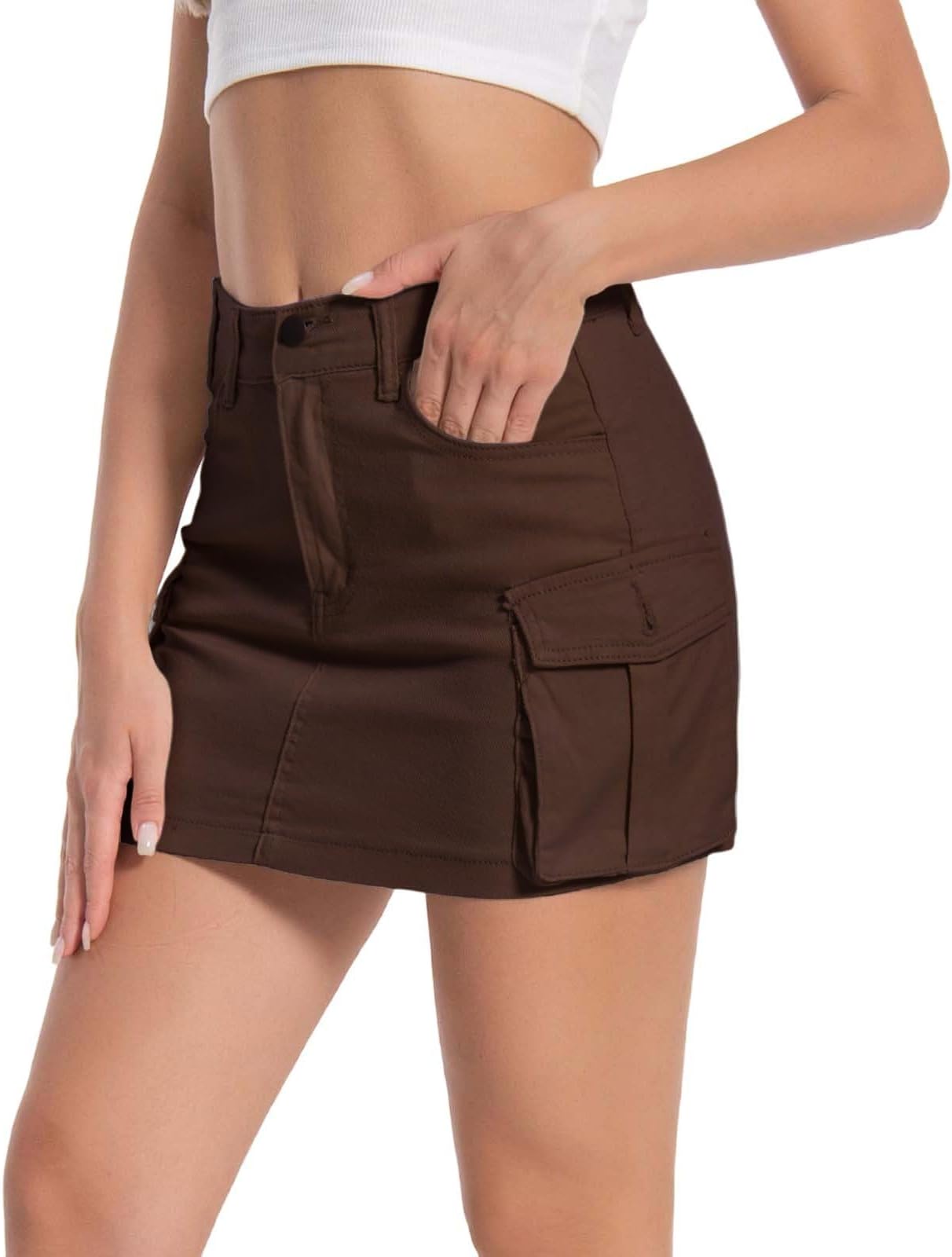 Women's Stretch Waist Bodycon Mini Cargo Skirt with Pockets Girls Streetwear Trendy Pleated Skirts