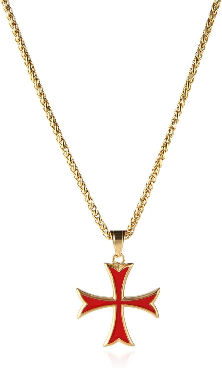 HZMAN Masonic Knights Templar Crusader Red Cross Stainless Steel Pendant Necklace with Free 24" Chain (Gold)