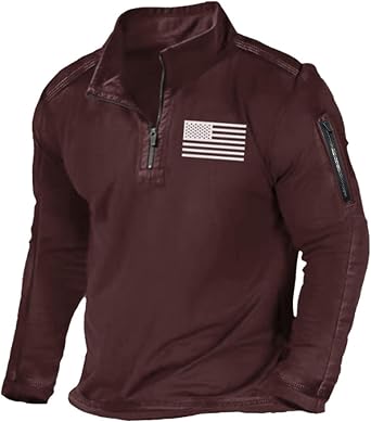 Mens Casual Sweatshirt 1/4 Zip USA Flag Graphic Pocket Tactical Patriotic Stand Collar Retro Solid Pullover Top