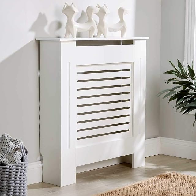 Home Source Radiator Cover Wooden MDF Wall Cabinet Shelf Slatted Grill Modern, White, Small