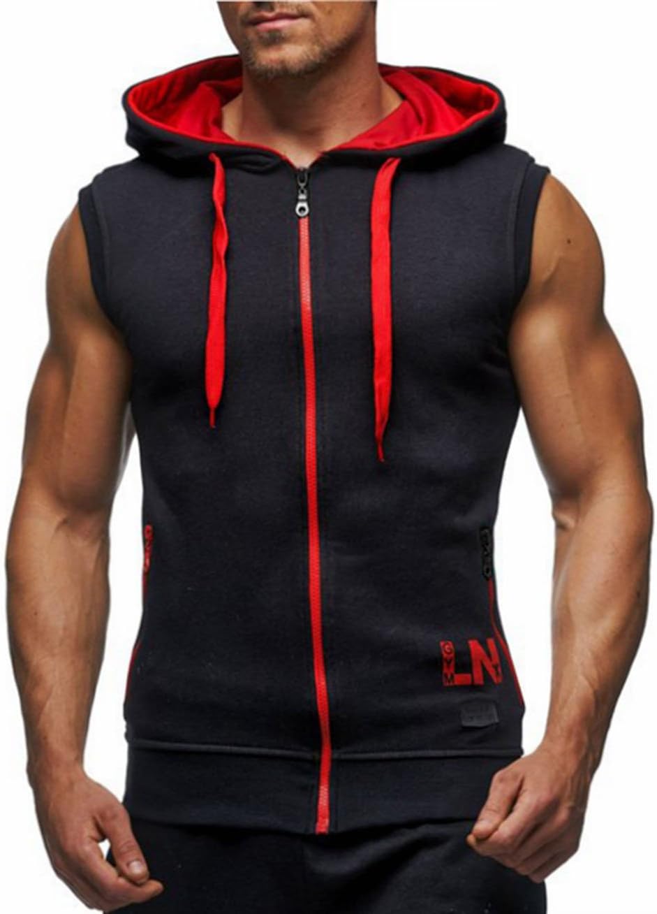 LemonGirl Men's Bodybuilding Sleeveless Hoodie Gym Tank Top Medium Blackred