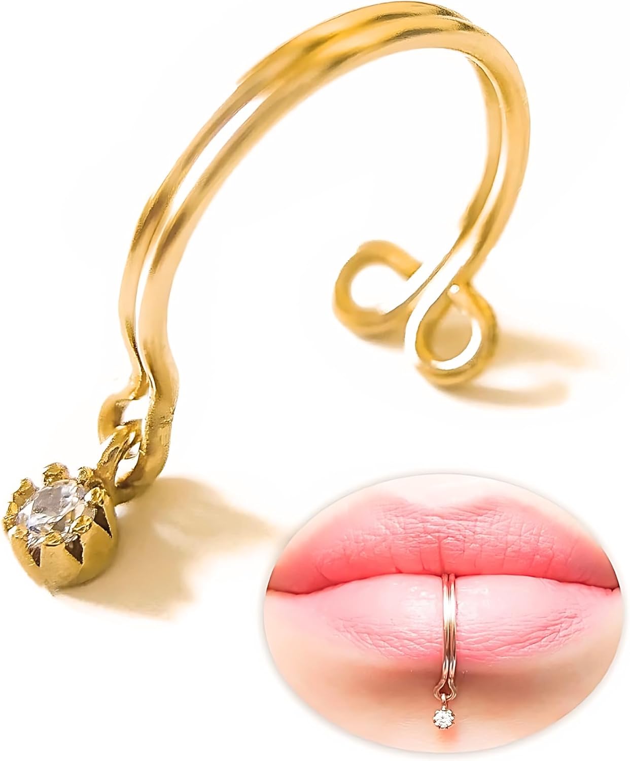 Fake Lip Ring Gold or Silver Lip Cuff Non Pierced Jewelry Faux Clip On Hoop Piercing Dangle Diamond CZ