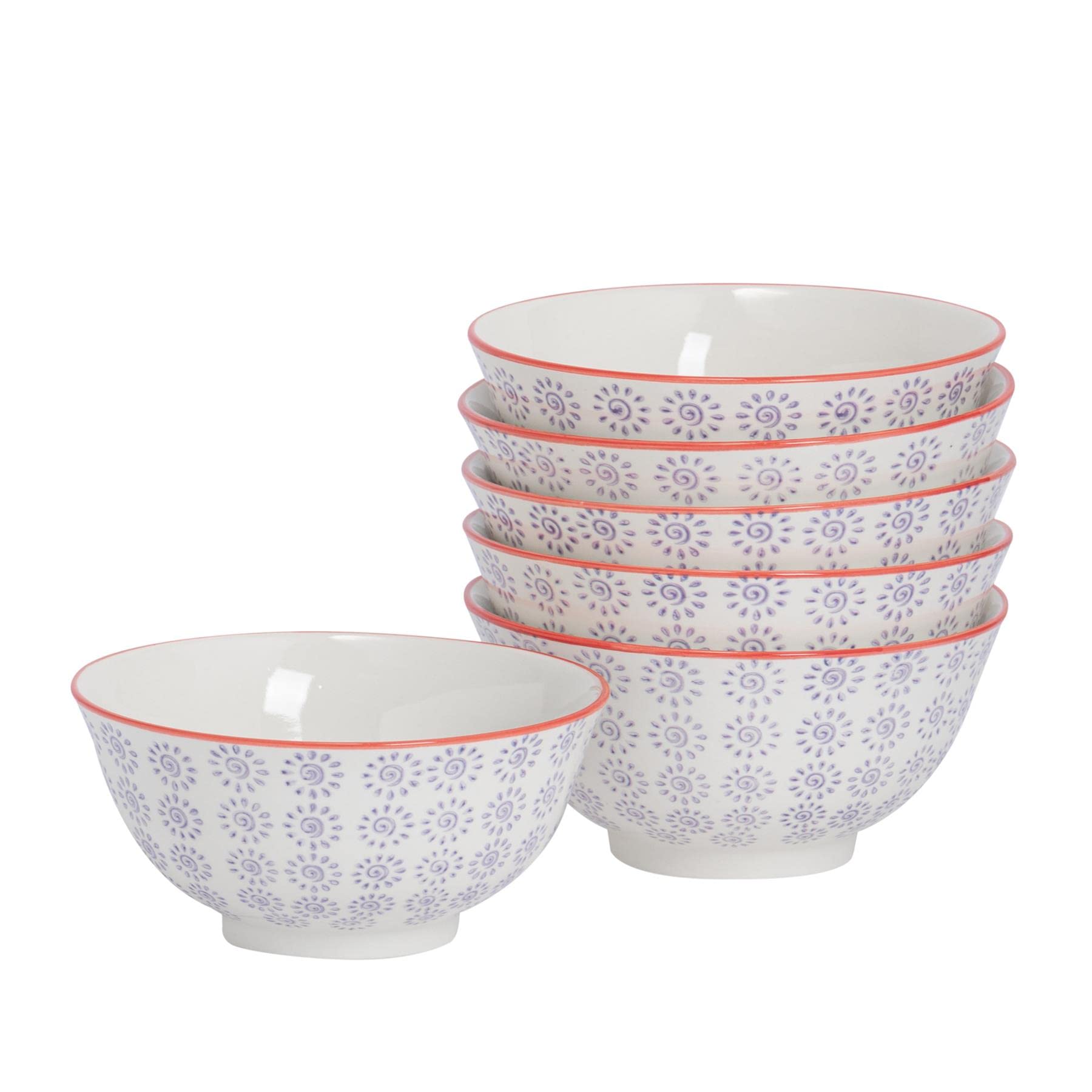 Nicola Spring Purple Patterned Cereal Bowl - 16Cm - Pack Of 6 - Hand Printed Japanese Style Porcelain Serving Bowls For Dessert, Pasta, Cereal, Salad, Noodles, Soup