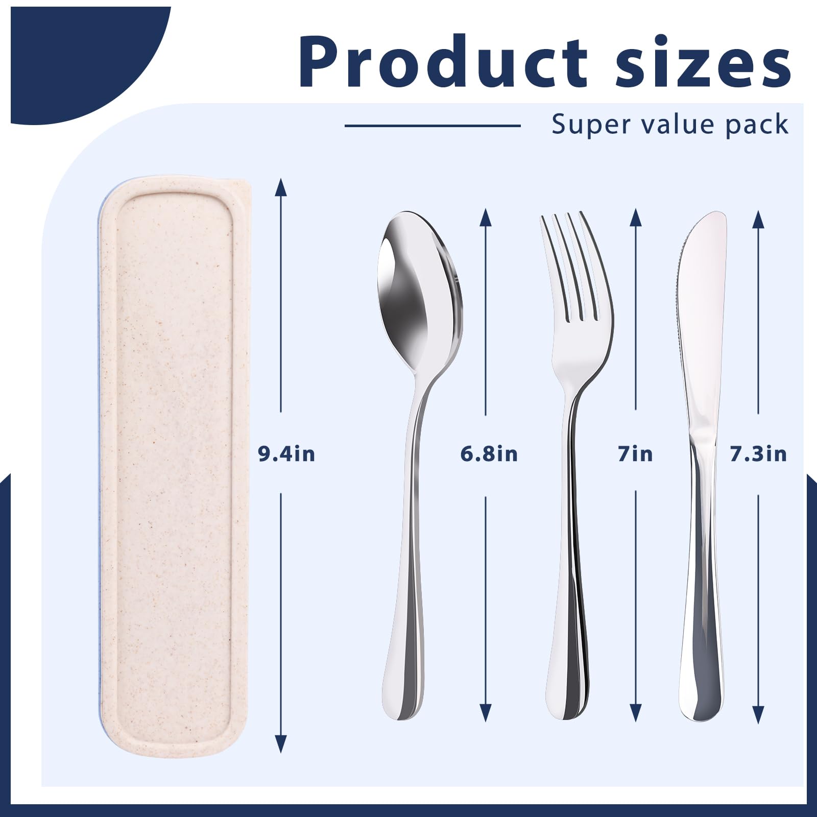 HANSGO Juego de 3 utensilios portátiles con funda, juego de cubiertos de viaje de acero inoxidable reutilizables para almuerzo, camping, escuela, picnic, oficina, apto para lavavajillas, color beige