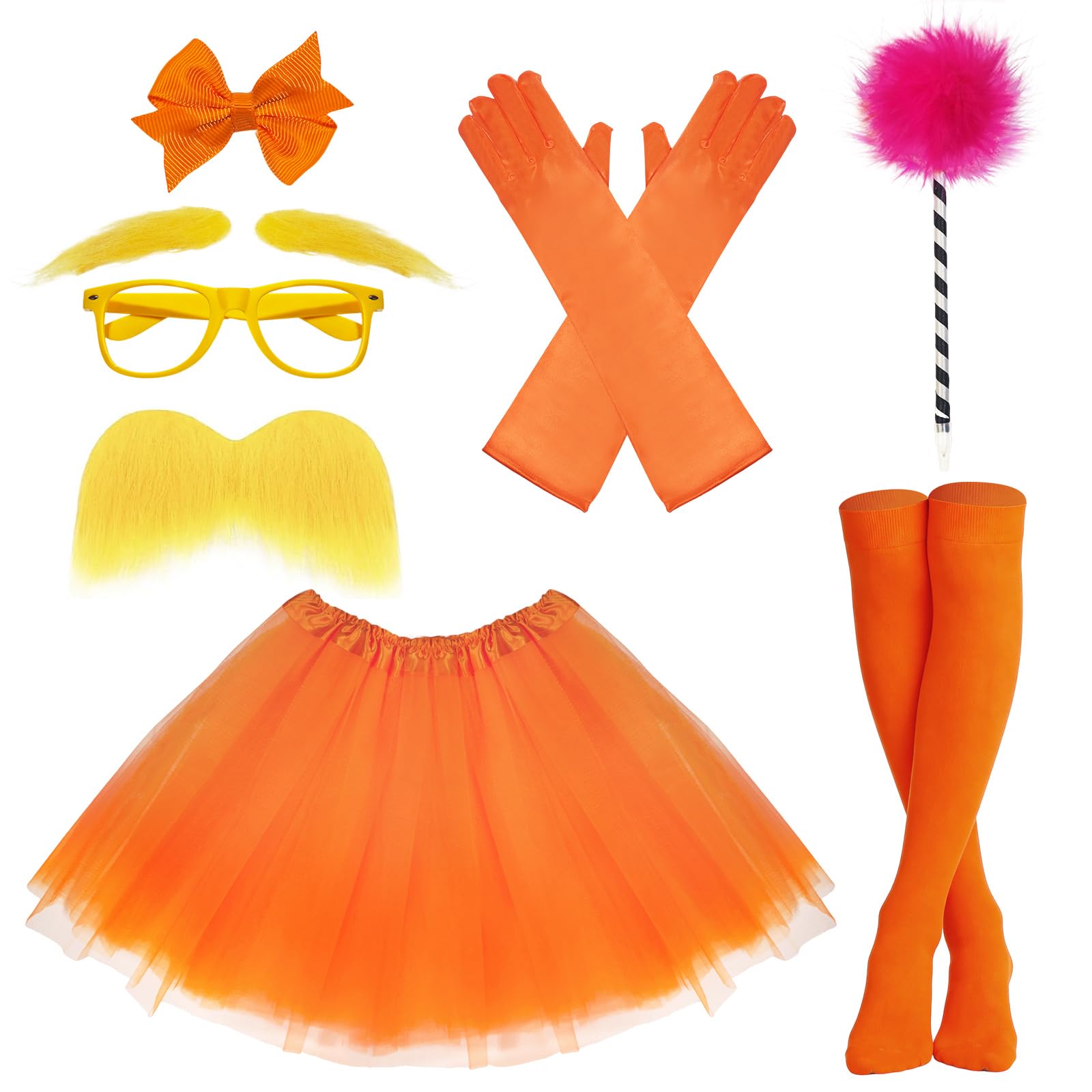 Hokoad 8pcs Orange Tutu Costume Accessories, Orange Cartoon Costume, Tulle Tutu Skirt Yellow Fake Mustache And Eyebrows Glasses Gloves For World Book Day Halloween Cosplay