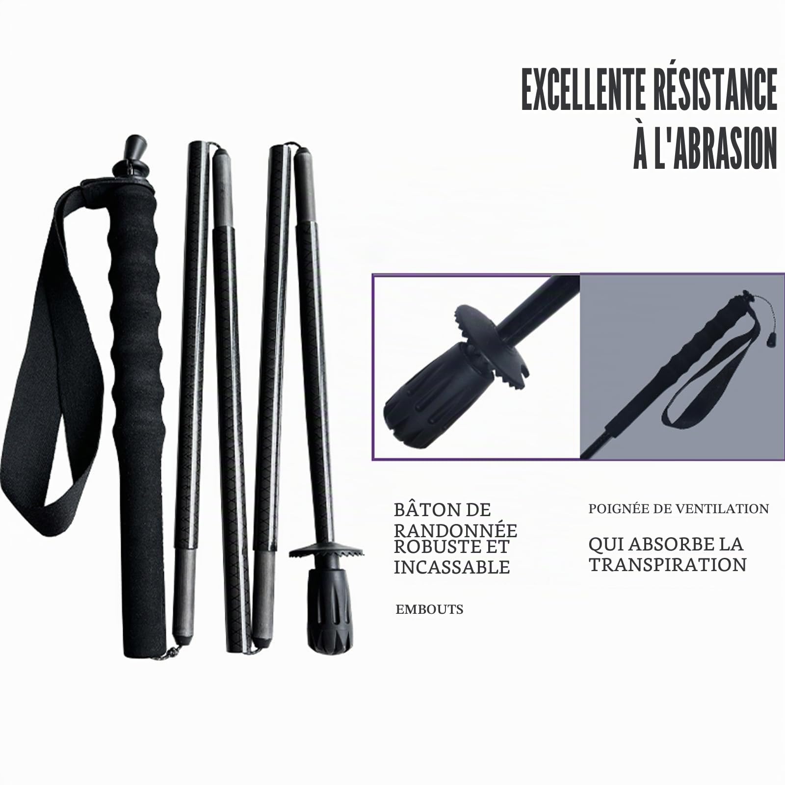 OKHEALING Bâtons de randonnée pliables en 5 parties, légers et durables, 1 paire, fibre de carbone T800 haute résistance, prise droite, convient pour la randonnée, le trekking et l'alpinisme
