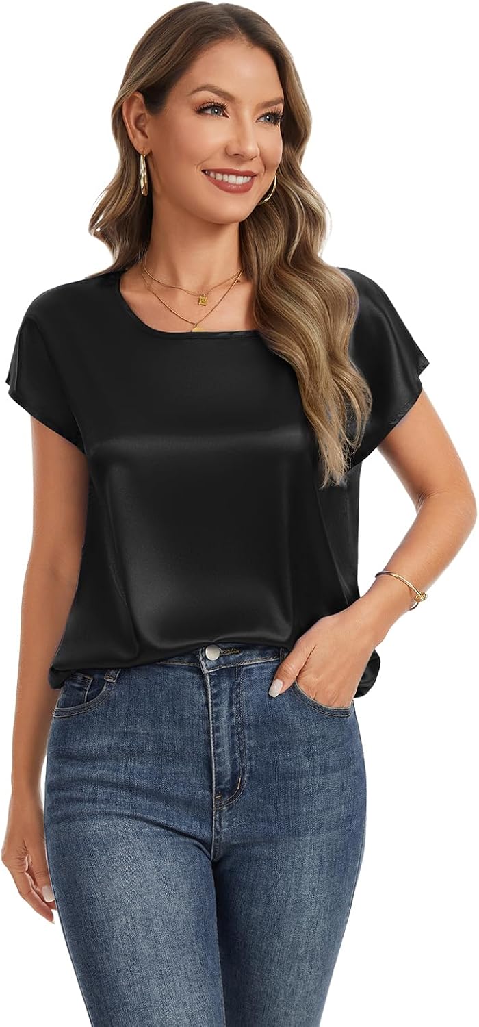 Tops for Women Silk Satin Cap Short Sleeve Blouse Square Neck Shirts Business Casual Outfits - Image 4