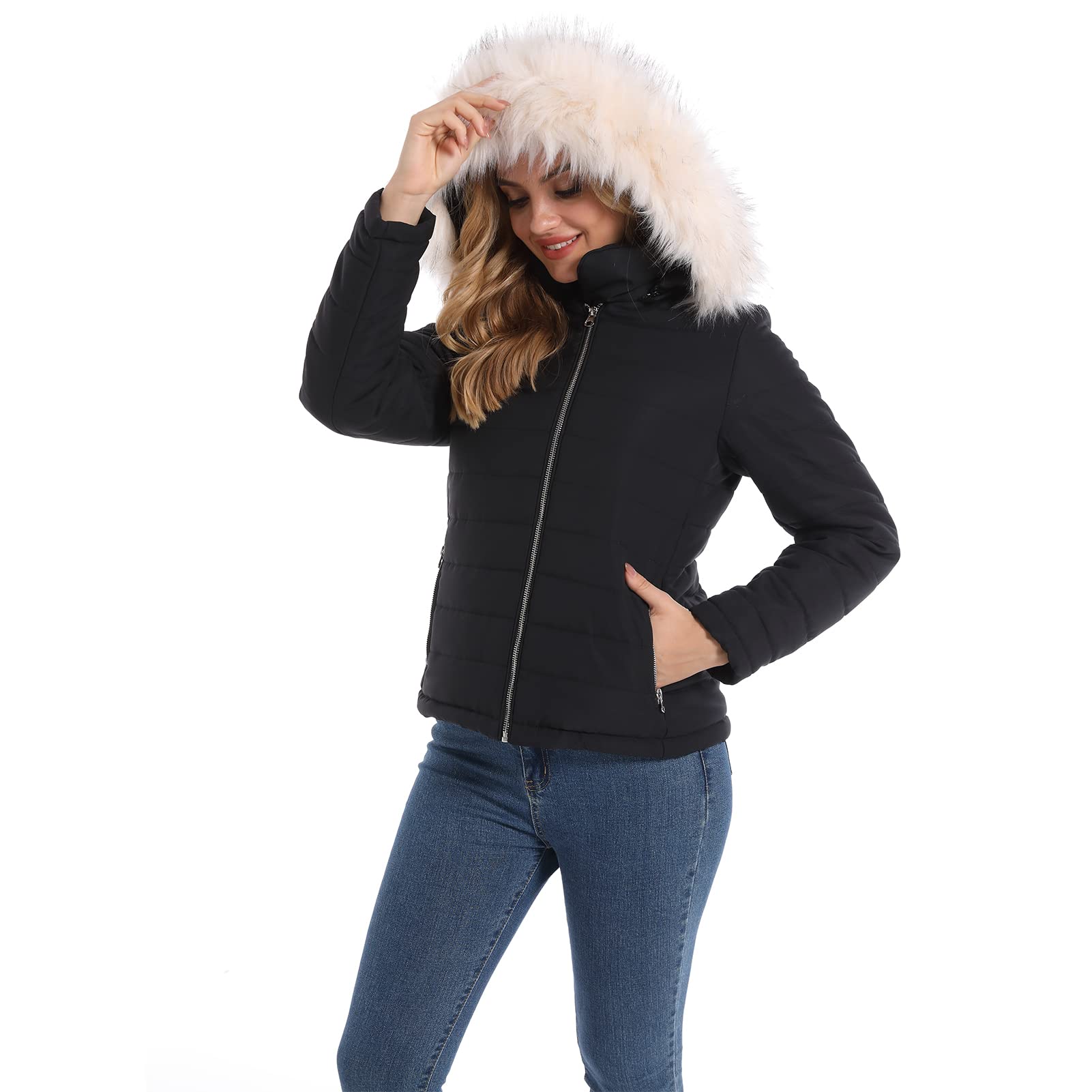 Hujoinwomen Warm Winter Faux Fur Parka Jacket Puffer Coat Womens