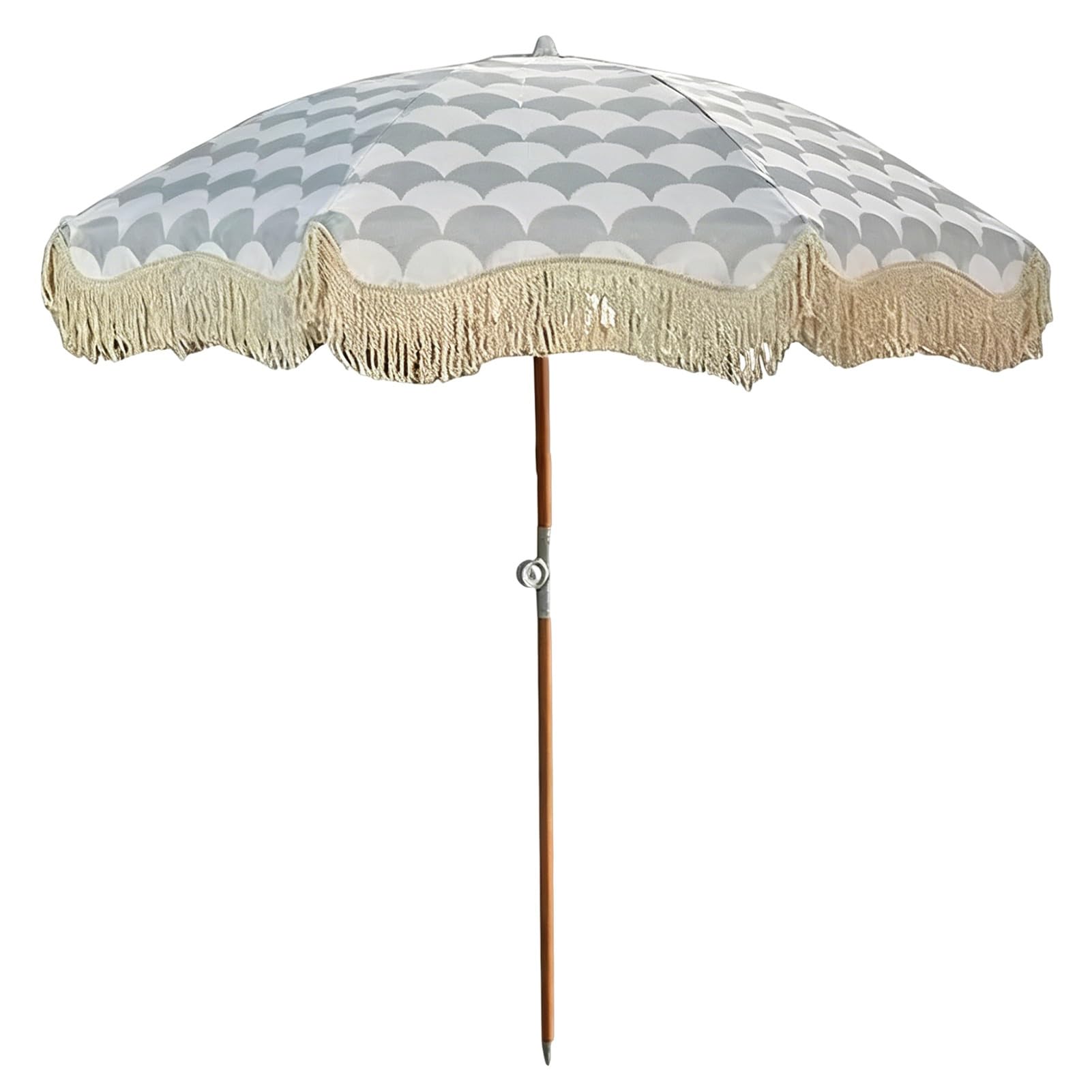 Parasol Plażowy w Boho 200 cm z Frędzlami, Przenośny Parasol Ogrodowy z Regulowanym Drewnianym Trzonkiem na Basen, Podwórko, Taras