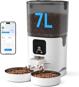 PAPIFEED Automatic Cat Feeder 2 Cats, 2.4G WiFi Cat Food Dispenser with App, 7L Slow Feeder Timed Cat Feeder for Dry Food, 10 Meals/Day, 12 Portions/Meal, Smart Pet Feeder for Small Dog, White