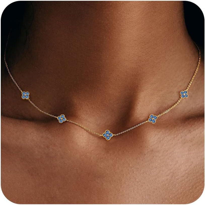 Birthstone Gold Clover Necklace for Women Non Tarnish Dainty 14K Gold Plated Cubic Zirconia Choker Necklace Stack Pendant Layered Necklaces for Women Trendy Birthday Jewelry