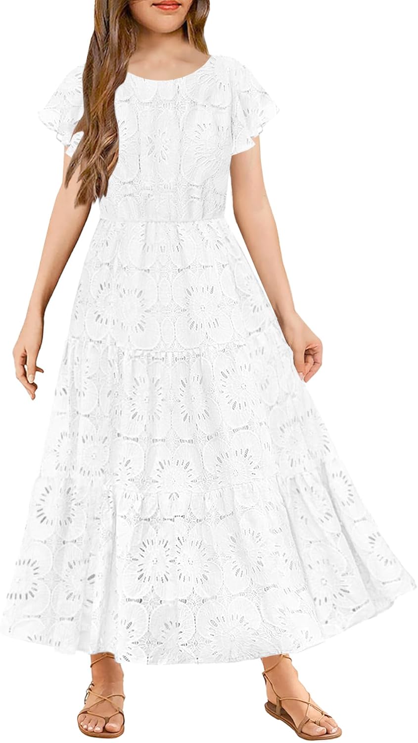 HOSIKA Girls Vintage Floral Lace Flower Ruffle Sleeve A-Line Flowy Maxi Dresses for Wedding Party