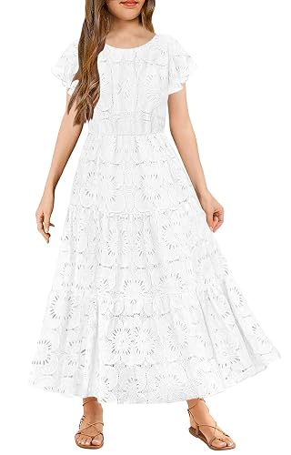 HOSIKA Elegant Flower Girls Dress Lace A-Line Swing Wedding Party Maxi Dress for 12-13Years