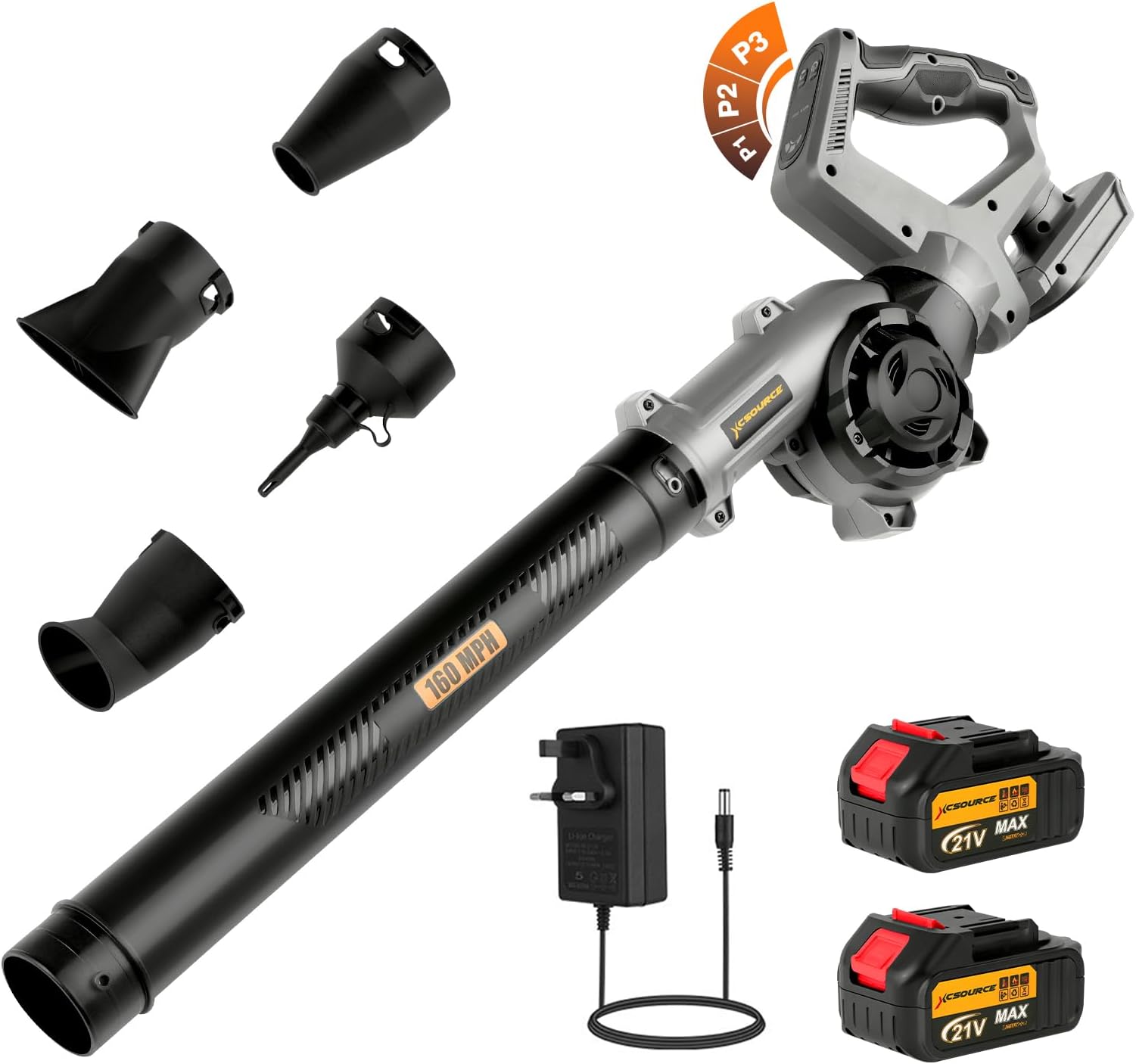 Leaf Blower Cordless, 258 km/h 270° Rotatable, Electric Leaf Blower with 3 Modes Up to 17000 RPM with 2 Large Capacity Batteries, Leaf Blowers with 4 Blowing Nozzles for Lawn and Garden Care