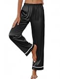 Womens Silk Satin Pajama Pants Soft Loose Lounge Pants Lightweight Elastic Waist Wide Leg Pj Bottoms with Pockets