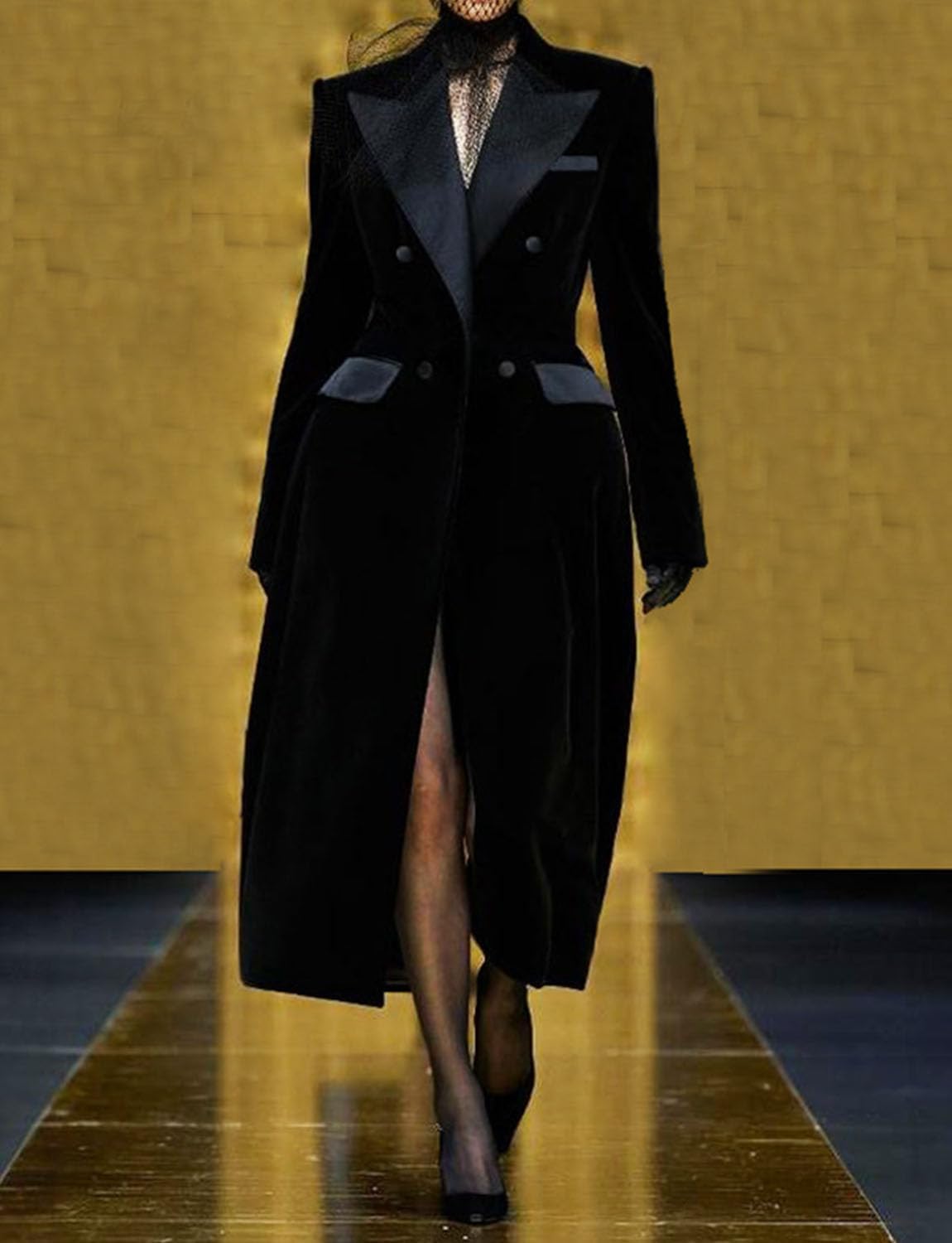 Women's Velvet Long Coat Double Breasted Buttons Blazer Formal Banquet Outfits