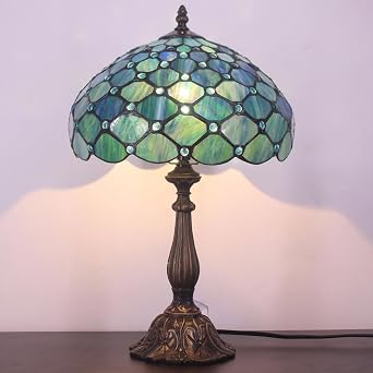 Tiffany Table Lamp Stained Glass Lamp 12X12X19 Inch Sea Blue Pearl | Antique Reading Light [Energy Class A]