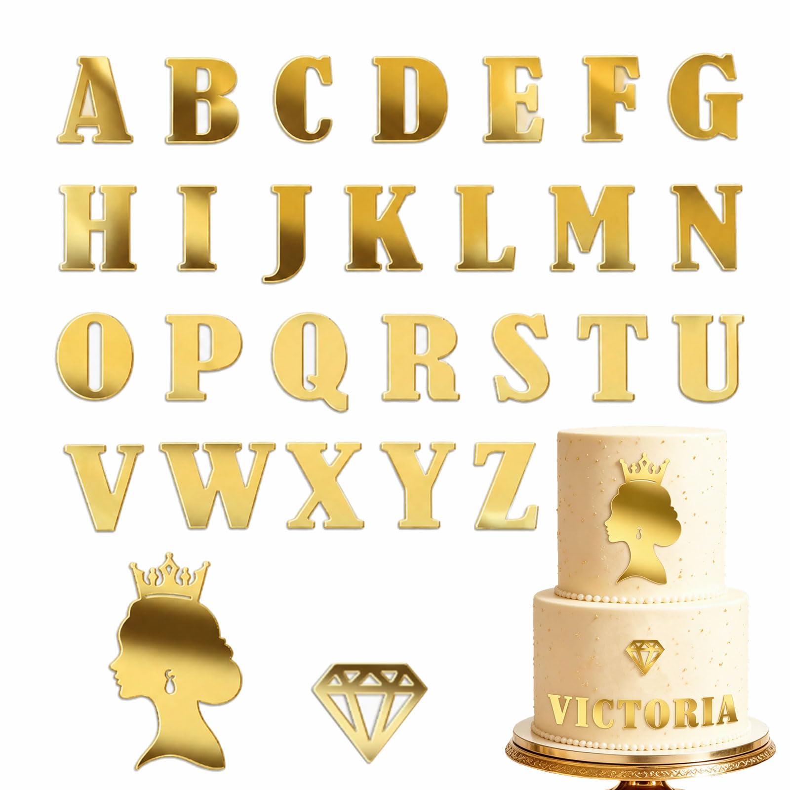 Floruvia 28 Gold Acrylic Cake Topper Letters Set, A-Z Alphabet Cake Topper with Queen Crown, For Birthday Baby Shower Singles Party