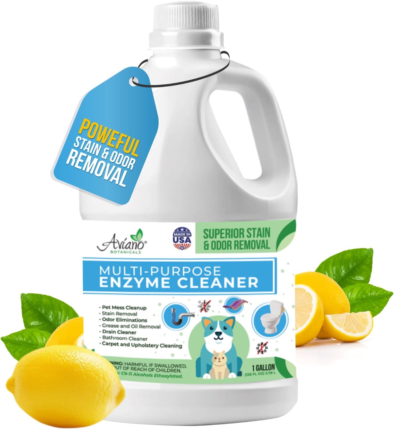 Aviano Botanicals Multi-Purpose Enzyme Cleaner, Made in USA – (1 Gallon) Safe, Pet & People Friendly, Eco-Friendly Solution for Pet Mess, Odor, Carpet, Upholstery, Drain, Bathroom & Floor Cleaning