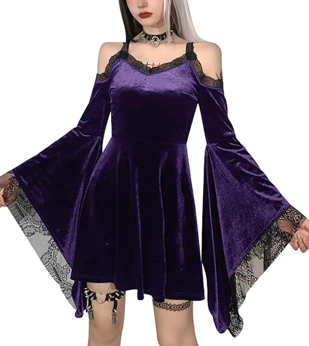 TSMNZMU Gothic Velvet Halter Dress Long Flare Sleeve High Waist Fairy Lolita Dresses Punk Grunge Vintage Vampire Clothes