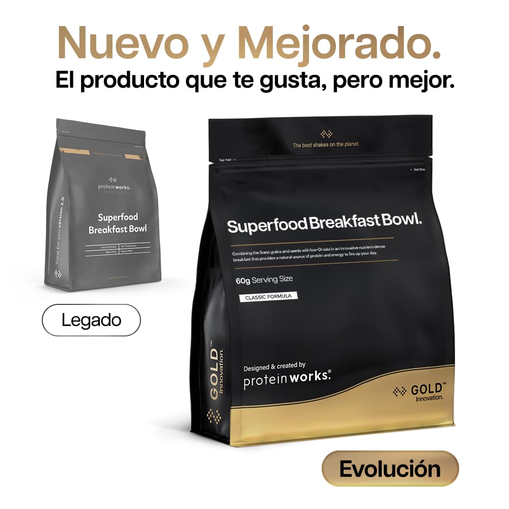 Protein Works | Superfood Breakfast Bowl – GOLD Innovation, Cereal proteico premiado, Desayuno alto en proteína, Granos, Semillas, Avena, Alto en fibra, Doble Chocolate con Leche, 20 Porciones, 1.2kg