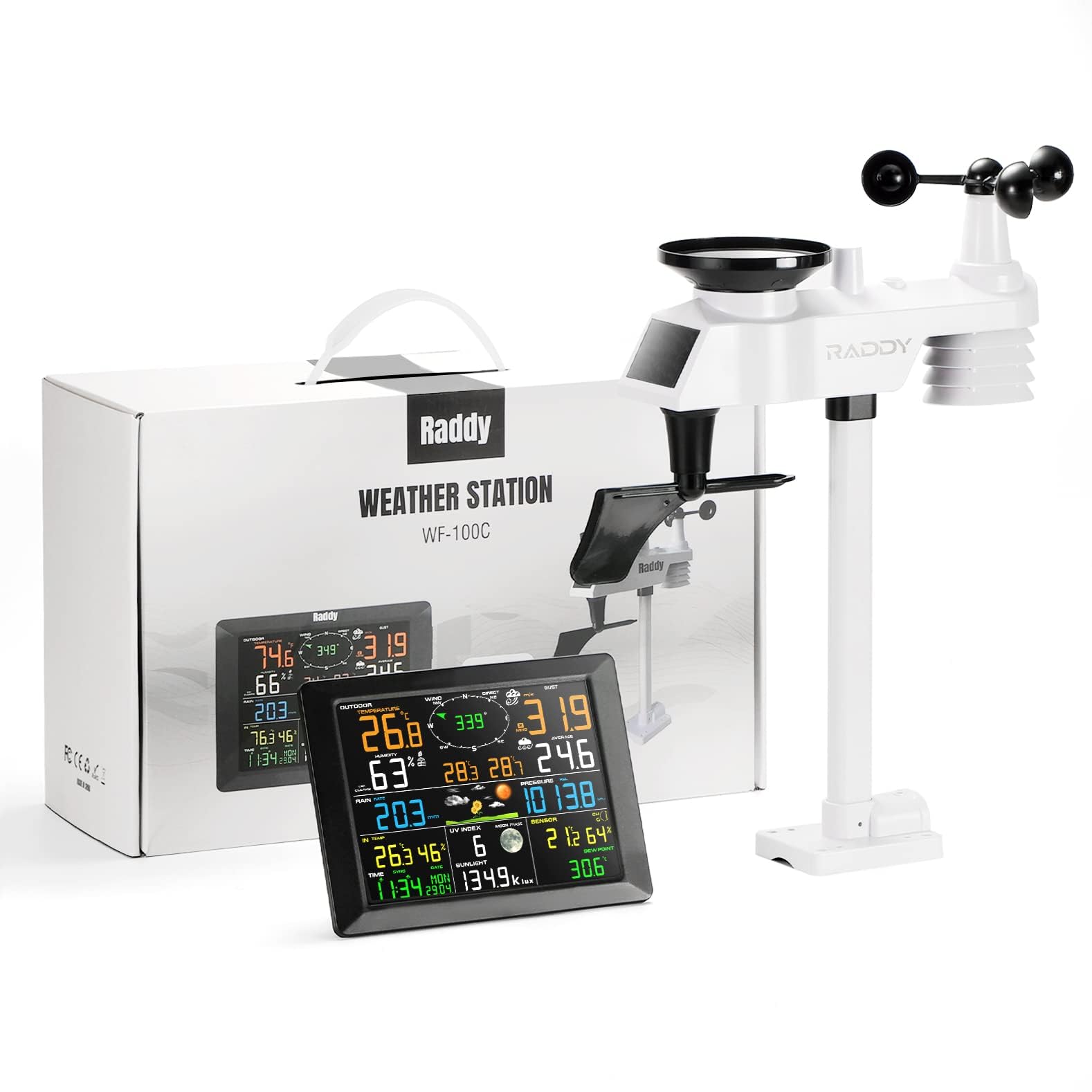 Raddy WF-100C Wetterstation mit Außensensor Funk, 14-IN-1 digitales Wlan Innen-Außenthermometer mit Regenmesser, Luftfeuchtigkeit, Windmesser für Zuhause, Büro & Schlafzimmer in Geschenkbox