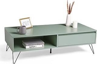 VonHaus Green Coffee Table – Light Pale Green Table with Slim Black Metal Hairpin Legs, Tea Table for Lounge & Living Room with Storage Drawer & Open Shelf - Minimalist, Modern, Contemporary - Jensen