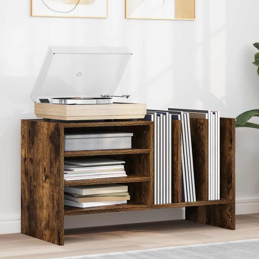 Armadietto per dischi in rovere affumicato, 78,5 x 35 x 45 cm, con 6 ripiani, scaffale versatile per soggiorno, vinile, riviste, supporti multimediali, organizer