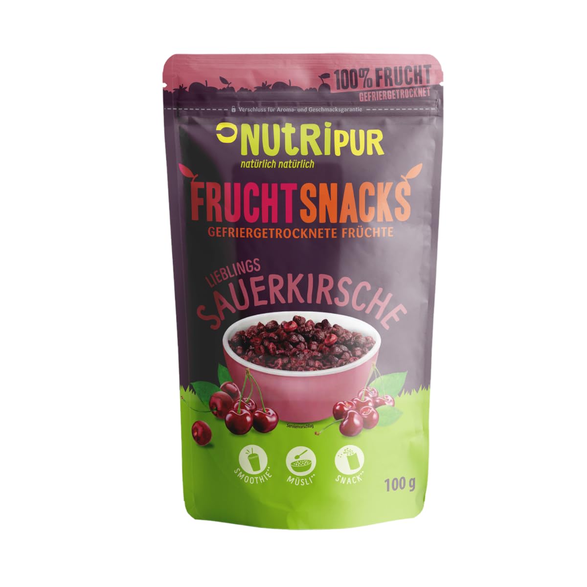 Gefriergetrocknete Sauerkirschen 100g: getrocknete Kirsche ungezuckert - Gefriergetrocknete Früchte mit purer Frucht, voller Geschmack: Beeren gefriergetrocknet - Getrocknete Fruechte NUTRIPUR