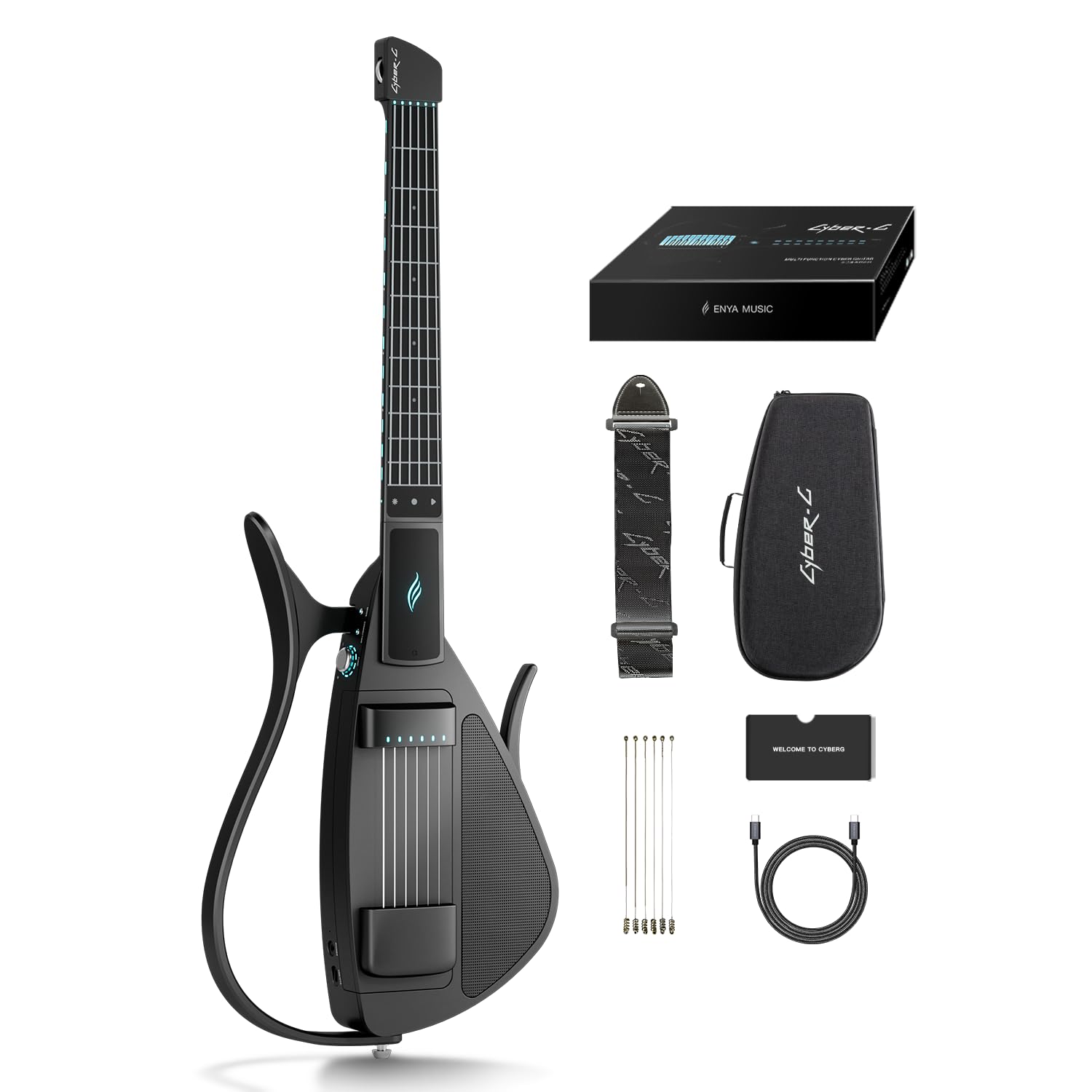 Enya CYBER-G Smart Gitarre – mit Silikonsaiten, 24 integrierten Sounds, schwarze leise Reise Anfänger Gitarre mit Lautsprecher, Drum-System, App & interaktiven Akkorden für Erwachsene & Teenager