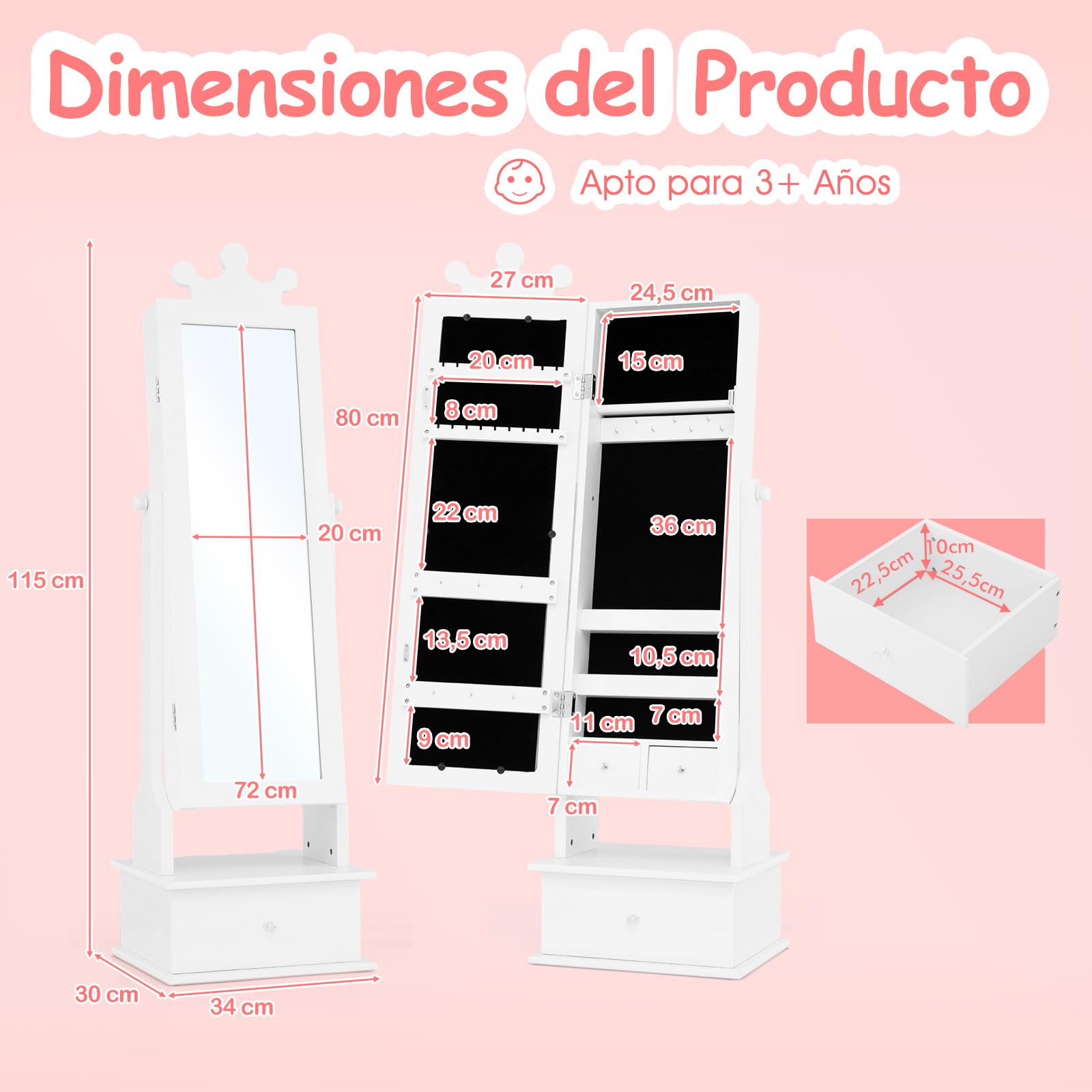COSTWAY Armario de Joyería para Niños con Espejo y 3 Cajones, 2 Ángulos de Inclinación Ajustables y Sistema Antivuelco, Espejo Vestidor con Forma de Corona para Niños de 3+ Años (Blanco)