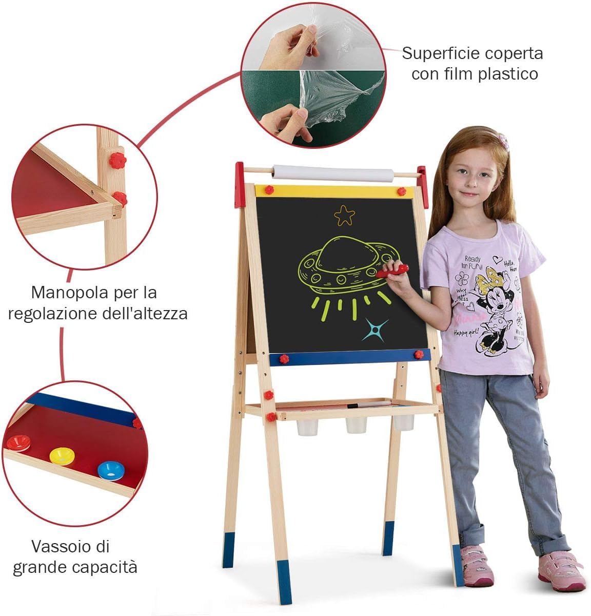 GYMAX Cavalletto per Bambini, Cavalletto con Altezza Regolabile,Lavagna a Doppia Faccia di Legno di Pino, con Rotolo Carta e Altri Accessori, 124,5x60,5x55 cm
