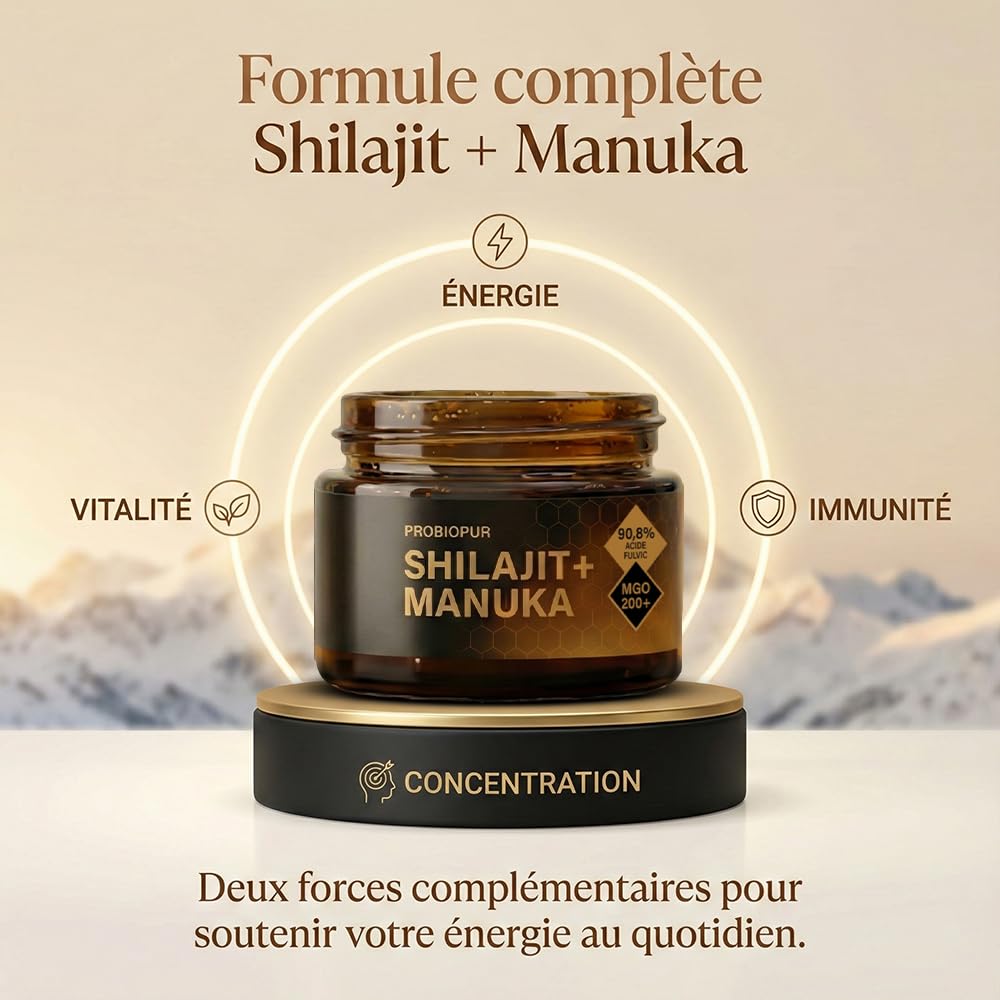 PROBIOPUR - Shilajit + Manuka – 50g -Formule exclusive 2-en-1 – Résine 100% pure Himalaya + Manuka MGO 200+ – Acide fulvique 90% – Marque française – 100% naturel