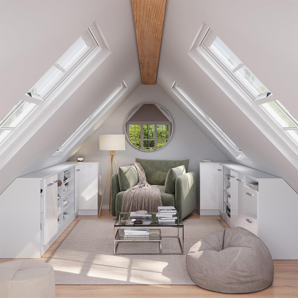 Vicco Meuble de Rangement sous Pente Rion, Blanc Haute Brillance/Blanc, L60 x P60 cm avec 2 Portes, Gain de Place pour Les pièces mansardées