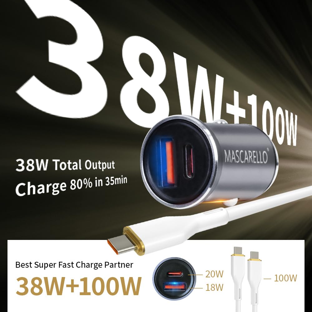 USB C Car Charger Adapter Fast Charging 38W (PD18W/QC20W) Dual Port Cigarette Lighter Compatible with iPhone Series; iPad; Samsung Series (grey)