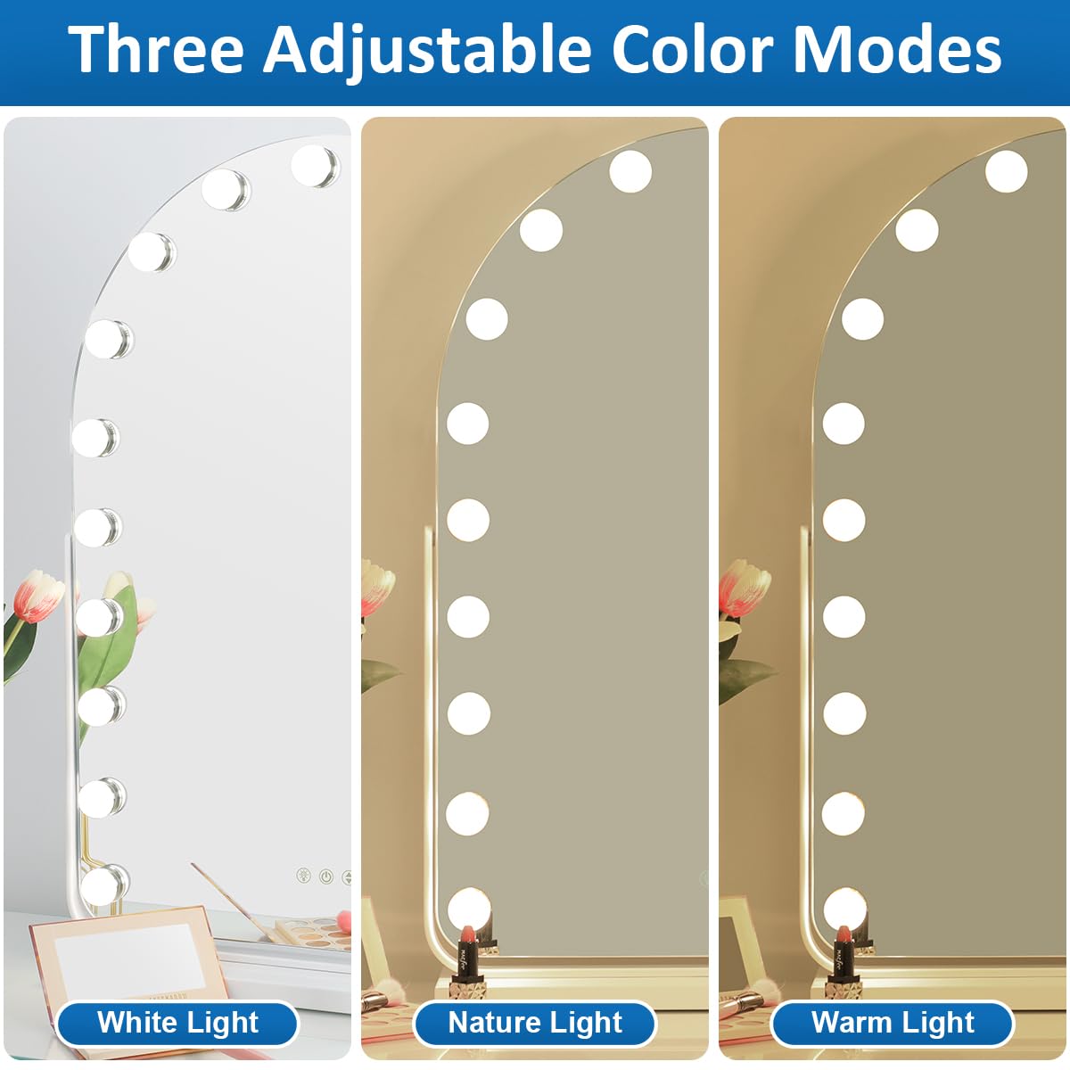 OUO Hollywood Espejo de maquillaje con luz LED, arco Smart Touch Control Espejo de maquillaje, 3 modos de iluminación, brillo ajustable, espejo de mesa sin marco o espejo montado en la pared