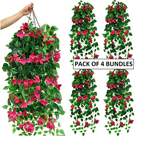 Magrowie Pack Of 4Pcs Artificial Hanging Bougainvillea Silk Plastic Flower Vines Faux Plant For Indoor Outdoor Home Farmhouse Garden Porch Eave Wall Fence Wedding Party Decor (Fuchsia) #TOP2