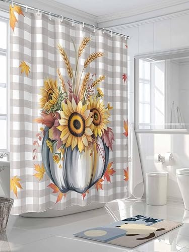 Vista 3 de Vandarllin Cortina de ducha con hojas de calabazas de otoño, juego de cortinas de ducha con ganchos, tela impermeable rústica de búfalo gris