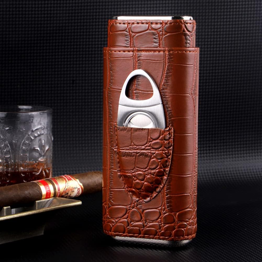 KEENSUN Cigar Case- 3 Finger Leather Travel Cedar Wood Lined Cigar Humidor with Silver Stainless Cigar Cutter, Great Gift for Men