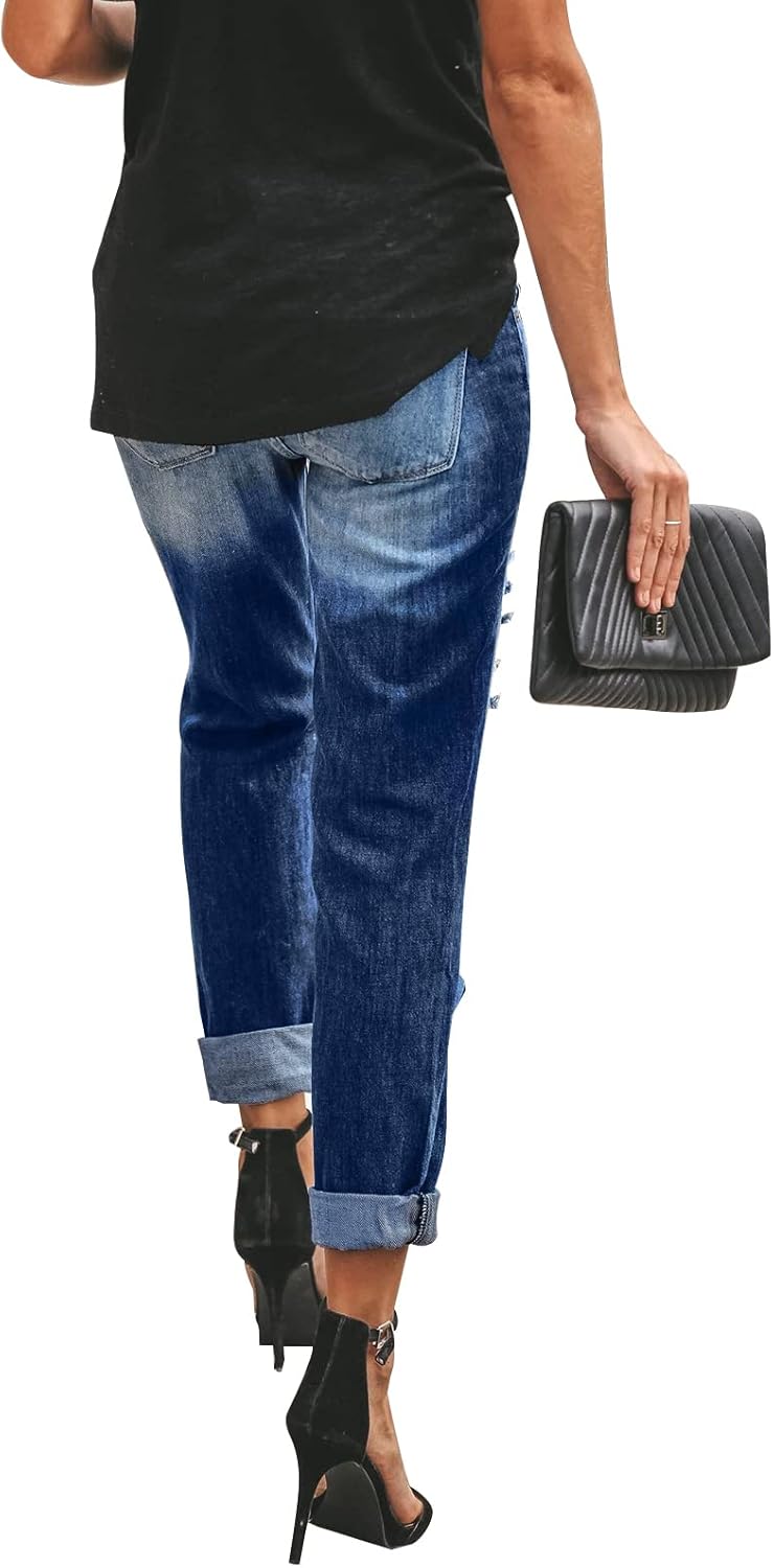 KUNMI Women's Ripped Mid Waisted Boyfriend Jeans Loose Fit Distressed Stretchy Denim Pants - Image 3