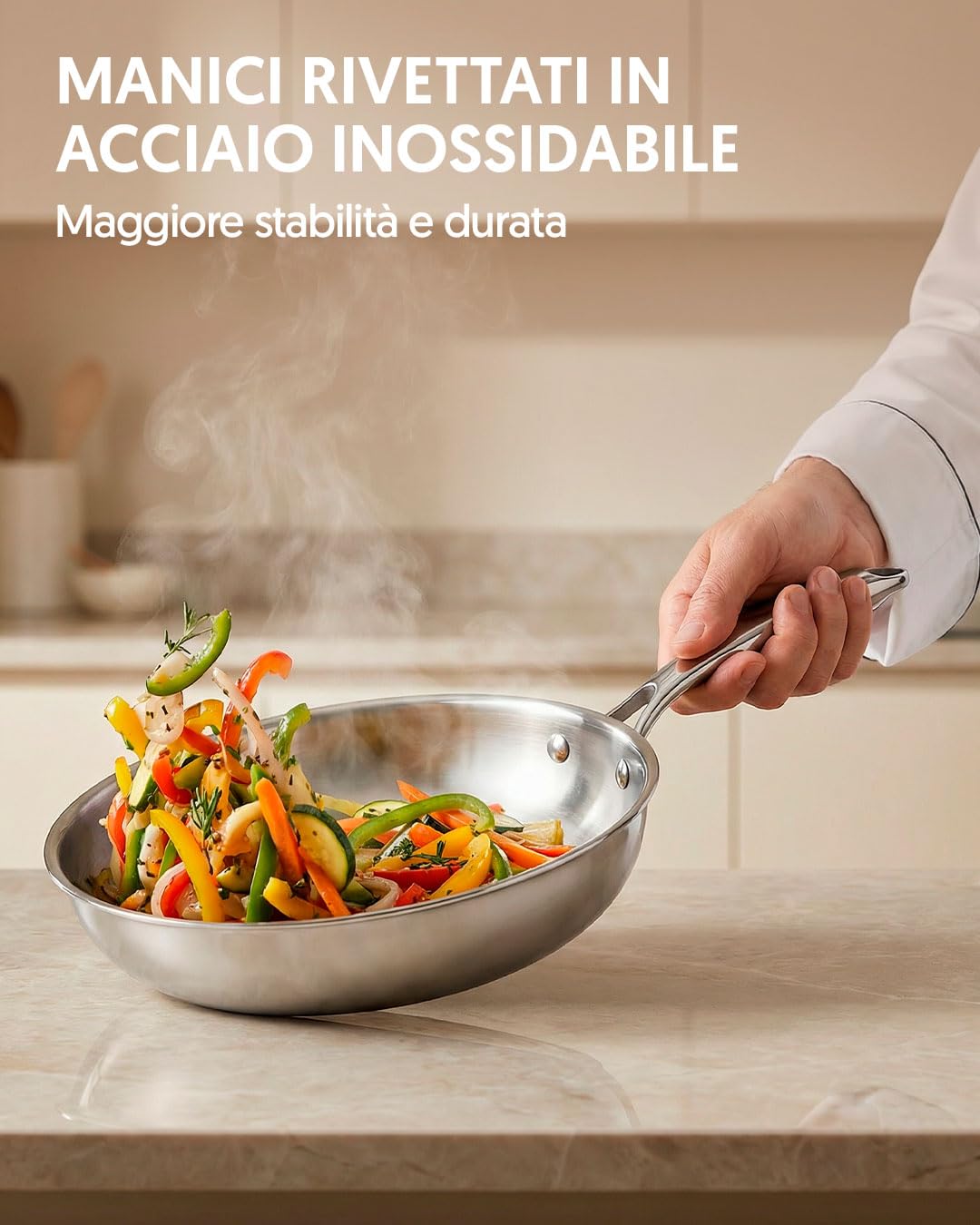 La Moustache - Set Pentole e Padelle 8 Pezzi in Acciaio Inox Senza Rivestimento, 3 Pentole con Coperchio in Vetro e 2 Padelle, per Induzione, Lavabile in Lavastoviglie, Ø16/20/24 cm (Titan Inox)